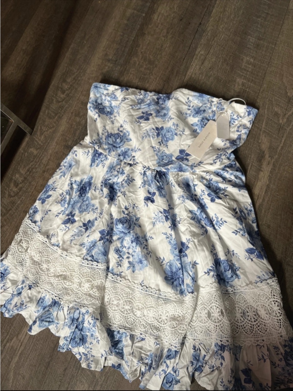 Altar'd State White Strapless Dress with Blue Floral Print